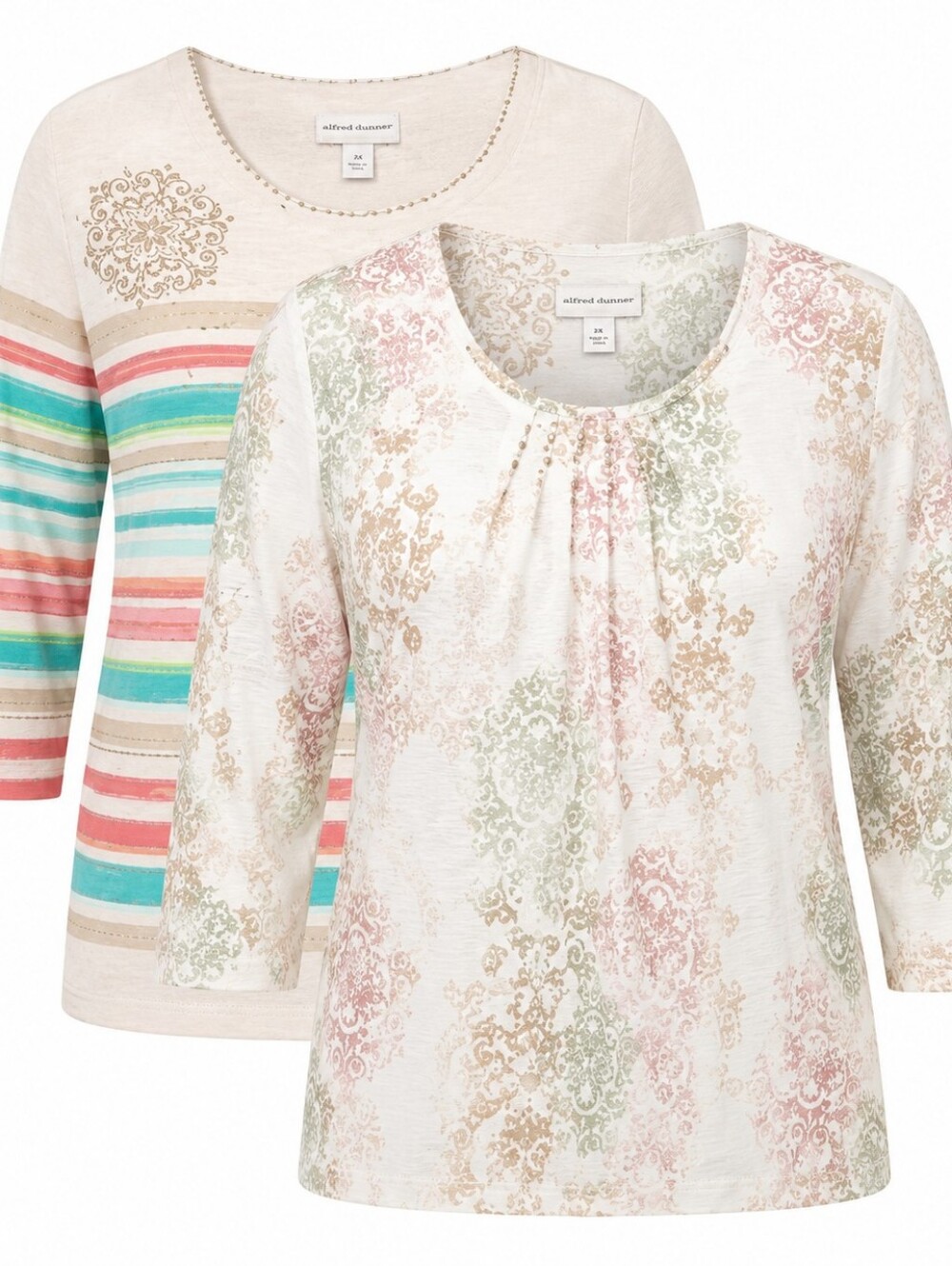 ALFRED DUNNER | 2 Pack Embellished Printed 3/4 Sleeve Pkus Size Knit Tops | 2X